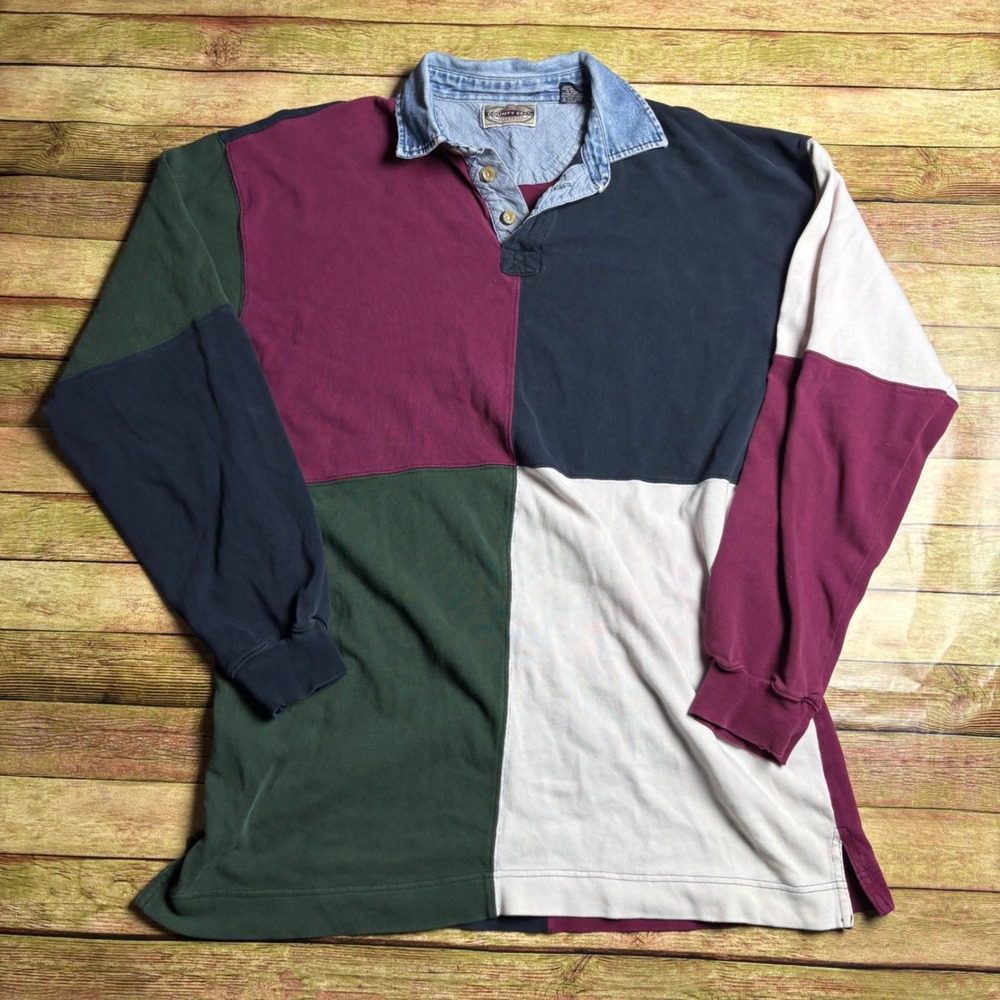 Vintage 90s County Seat Colorblock Rugby Shirt Medium Denim Collar Heavy Cotton